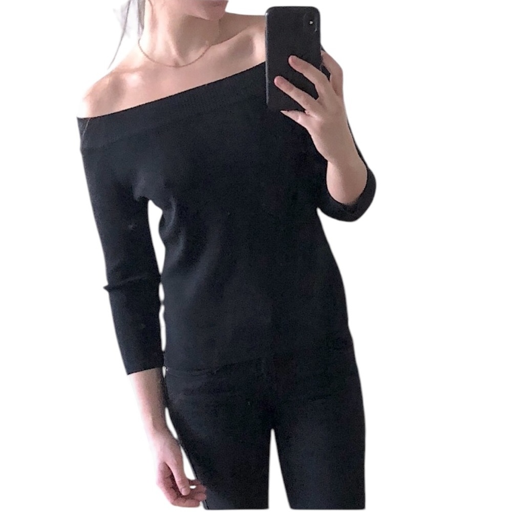 Vintage 90s Stretchy Black Off The Shoulder 3/4 Three Quarter Crop Sleeve Top - Picture 4 of 16